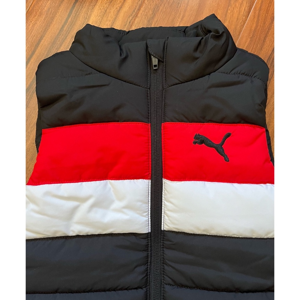 Puma Boys Puffer Vest Black Red/White Stripe XS 5/6 - Picture 3 of 3